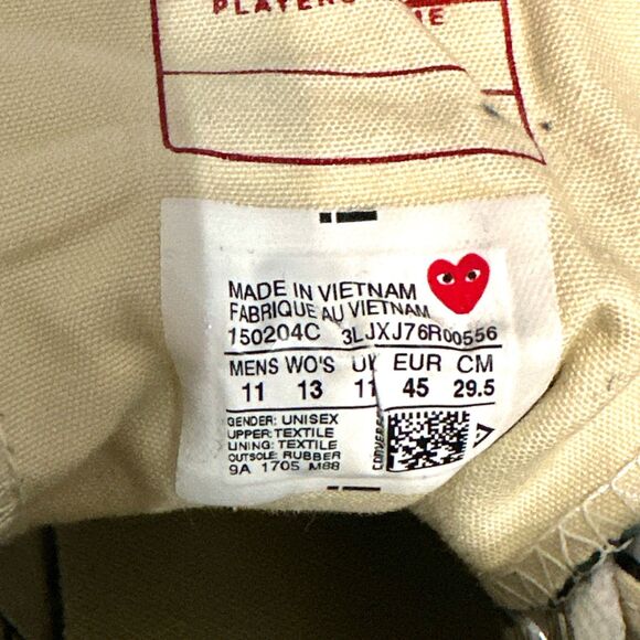 Converse Play High Top Sneakers Mens Size 11 Black Lace-Up Comme De Garcons - Picture 13 of 15